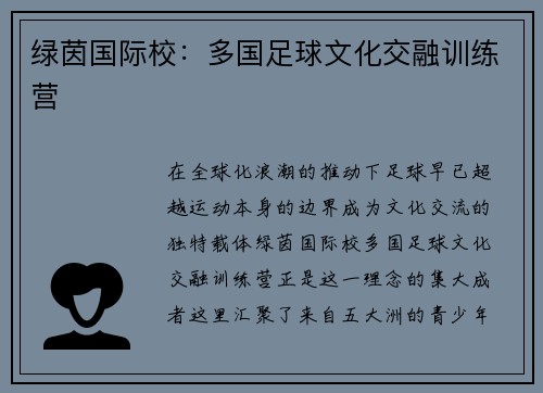 绿茵国际校：多国足球文化交融训练营