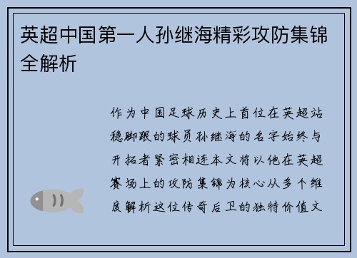 英超中国第一人孙继海精彩攻防集锦全解析