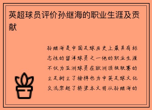英超球员评价孙继海的职业生涯及贡献